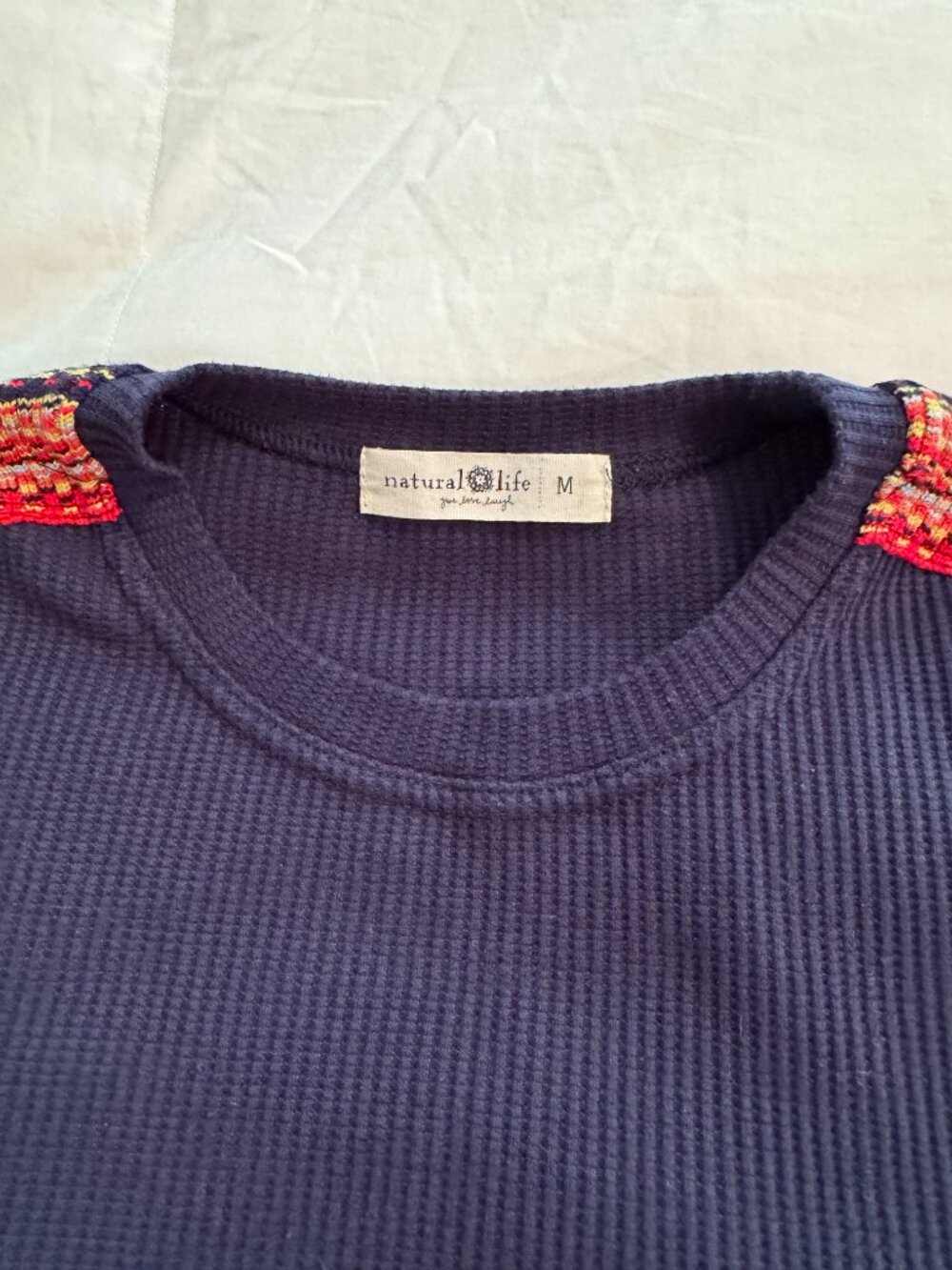 Natural Life Navy Waffle Knit Embroidered Sleeve Top Boho Medium - Picture 4 of 7